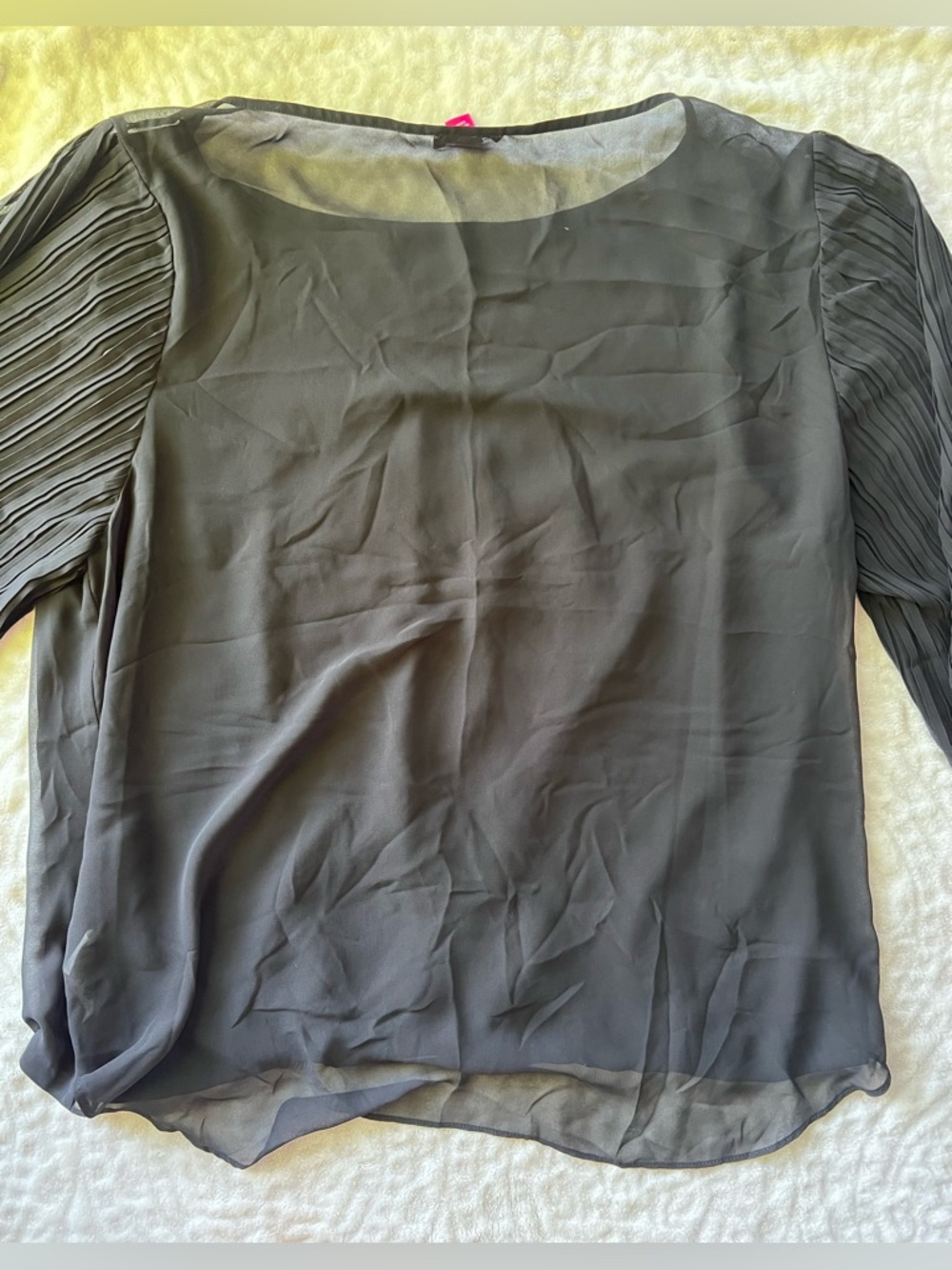 Vince Camuto Elegant Black Scoop Neck Sheer Blouse With Pleated Sleeves |Size XL - Picture 8 of 8